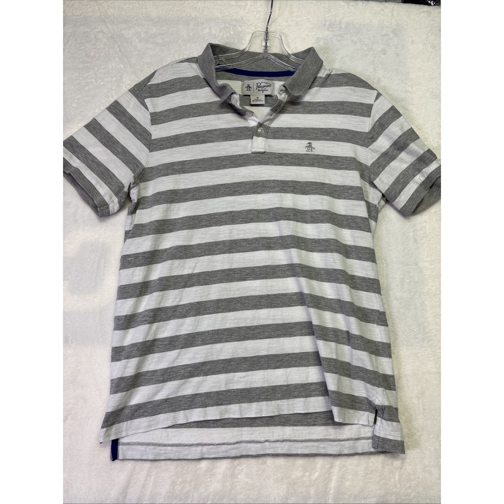 Original Penguin By MunsingWear Mens White & Gray Striped Polo T-Shirt Size Medi
